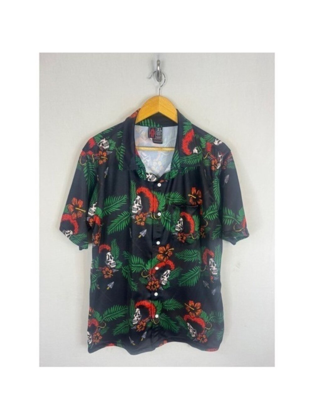 OAF Nation Mens XL Tropical Skull Mohawk Button Down Shirt Black Floral Hibiscus